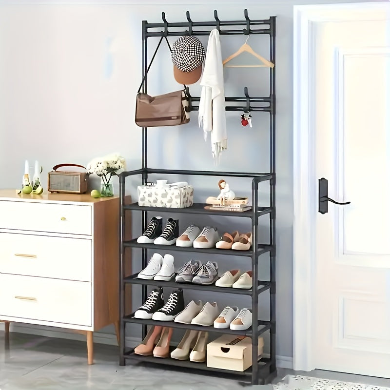 Estantería Multifuncional de 5 Niveles con 8 Ganchos Dobles - Organizador de Zapatos y Ropa en Acero Inoxidable, Marco Metálico Resistente para Sala, Baño o Tienda, Unidad Versátil de Almacenamiento, Estante Contemporáneo y Robusto, Ahorra Espacio