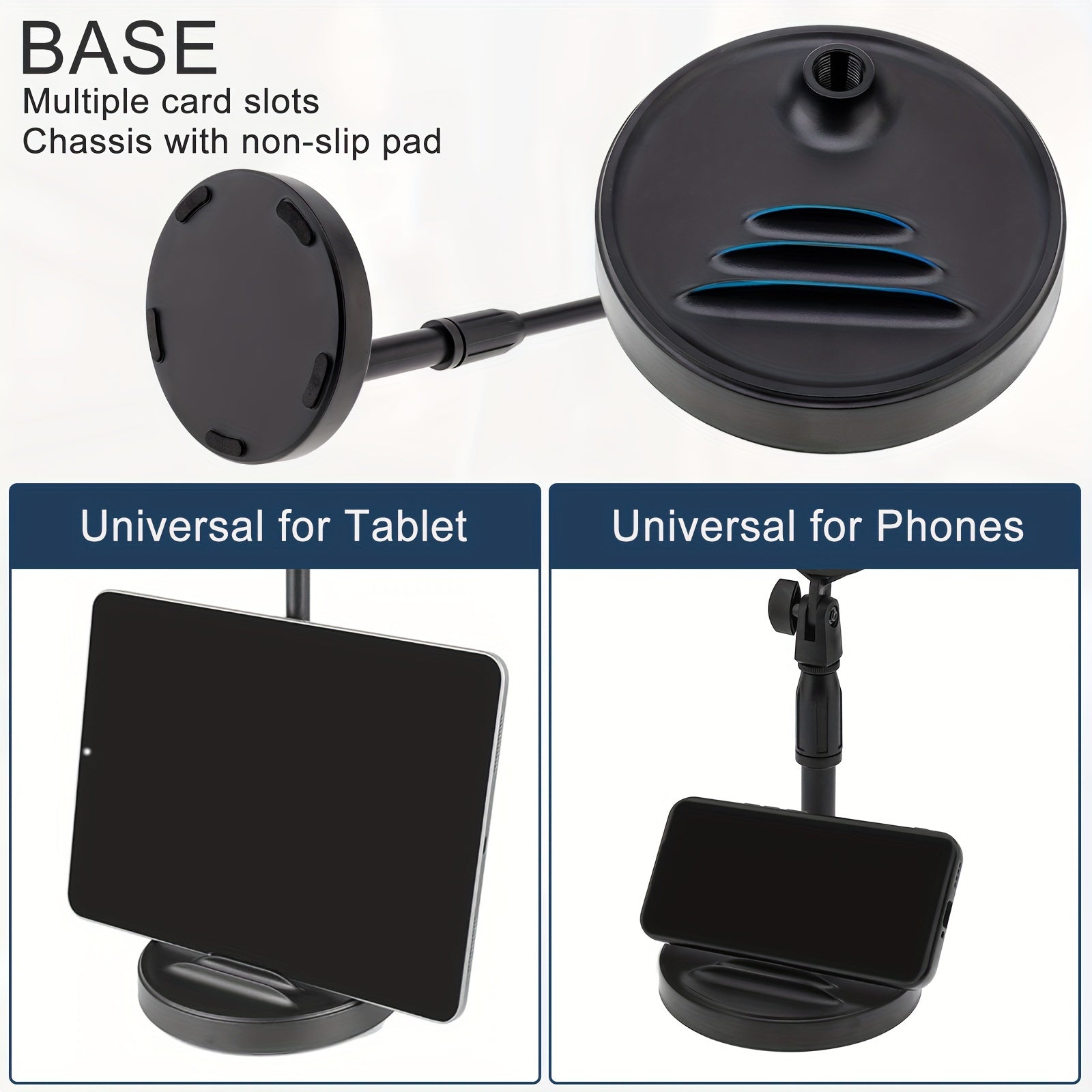 Soporte de Micrófono Ajustable para Escritorio con Soporte para Teléfono - Base Antideslizante y Resistente para Grabación, Juegos y Transmisiones - Negro