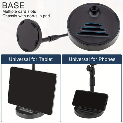 Soporte de Micrófono Ajustable para Escritorio con Soporte para Teléfono - Base Antideslizante y Resistente para Grabación, Juegos y Transmisiones - Negro
