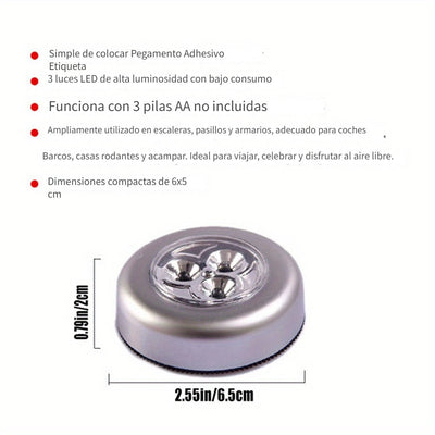 Luz Nocturna Táctil Inalámbrica de 3 LED - Adhesiva, Funciona con Pilas, Portátil, Fácil Instalación, Perfecta para Armarios, Pasillos, Baños y Más - No Requiere Cableado (Pilas No Incluidas)