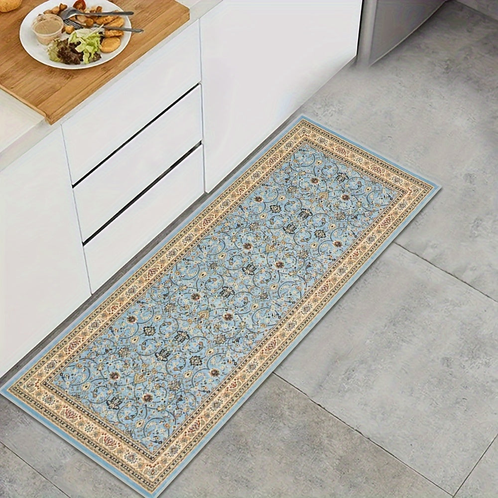 1pieza Alfombra de corredor de estilo persa elegante - Patrón floral azul vibrante y dorado, poliéster lavable a máquina, ideal para entradas de hoteles, cocinas de hogar, patios al aire libre y patios de jardín, decoración de jardín | Corredor vibrante