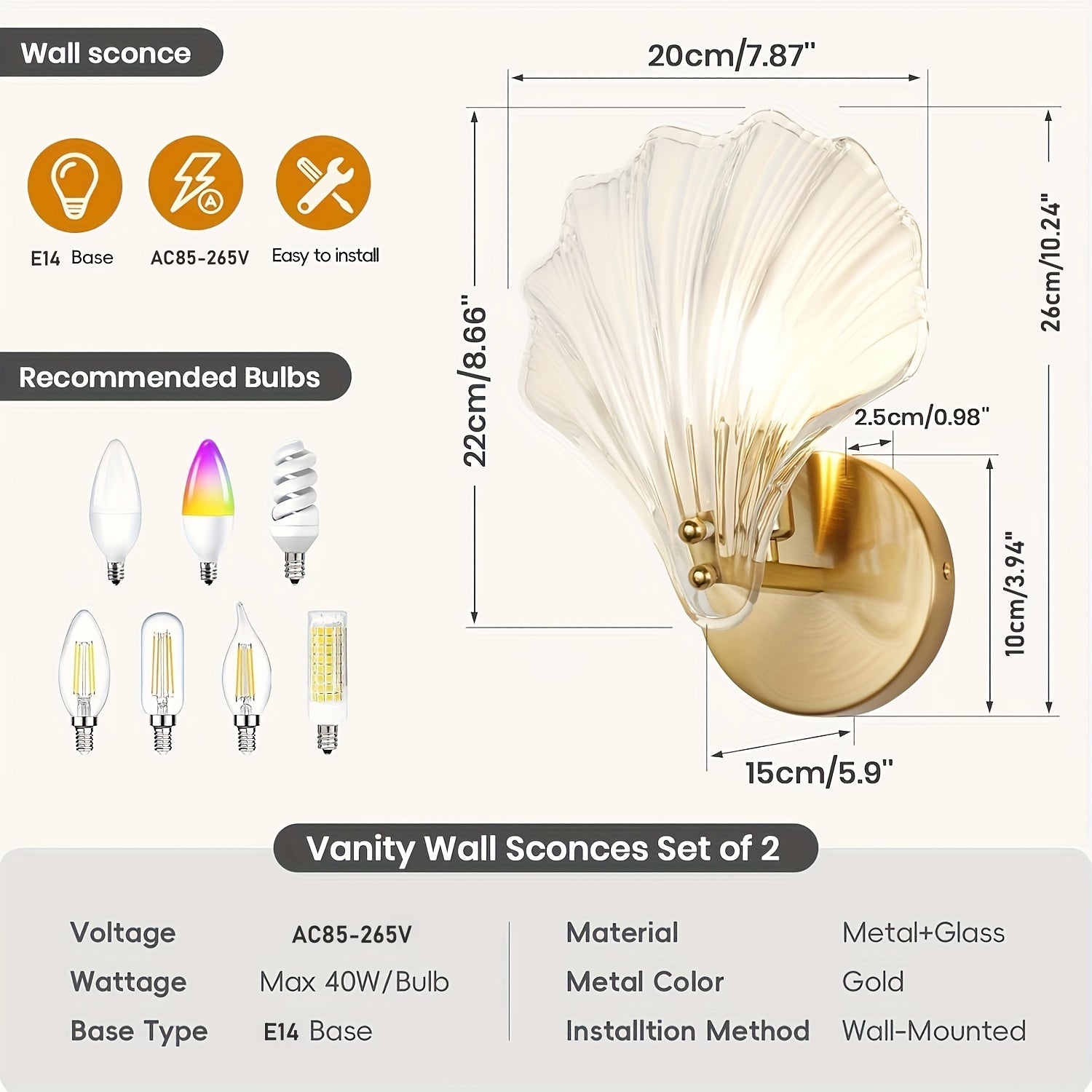 Aplicaciones de Pared Doradas con Pantallas de Vidrio Transparente - Lámparas Modernas Art Deco para Baño, Sala, Dormitorio y Pasillo - Montaje Semiempotrado, Compatible con Bombillas E12 (Bombilla No Incluida), Decoración de Baño, Acabado Brillante, Dis