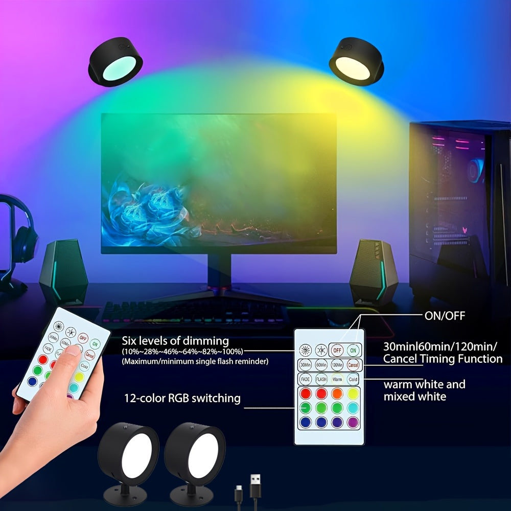 2 luces LED ambientales para pared, 12 colores RGB + 2 colores, rotación 360°, con control remoto, carga USB, luz decorativa con marco LED, iluminación portátil para interiores, ideal para lectura, noche y dormitorio, perfecta para salas, habitaciones, p