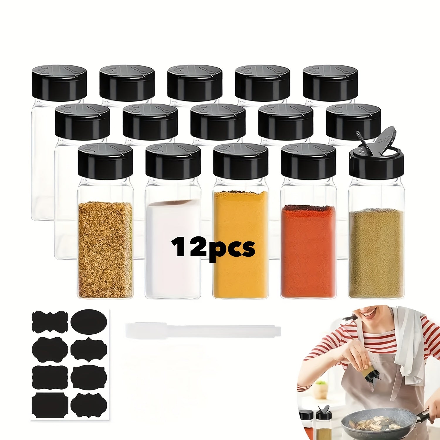 Juego de 12 frascos de especias de plástico cuadrados con tapas de ala de gaviota negras, incluye 1 bolígrafo de papel y 12 etiquetas, contenedores rectangulares a prueba de fugas, reutilizables, lavables a mano para la organización de especias de cocina