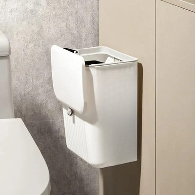 Cubo de basura de cocina sin contacto, montado en la pared con tapa de presión manos libres - Diseño rectangular duradero de plástico ahorrador de espacio para baño y cocina, contenedor de residuos higiénico, cubo de basura de cocina, cubo de basura ahor