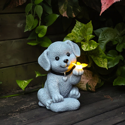 Estatuilla solar de cachorro con jardín de mariposas, decoración exterior en resina azul para patio, balcón o porche, incluye panel solar, resistente a la intemperie y diseño de alta calidad