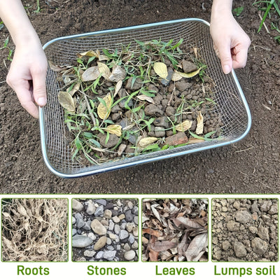 Pasador de Suelo de Acero Inoxidable Resistente - Tamiz Manual con Malla de 1/4", Anticorrosivo, Ligero y Portátil para Jardinería, Compostaje, Arena o Piedras - Ideal para Macetas Elevadas, Hogar o Cultivos Profesionales - Diseño Robusto, Durabilidad Ex