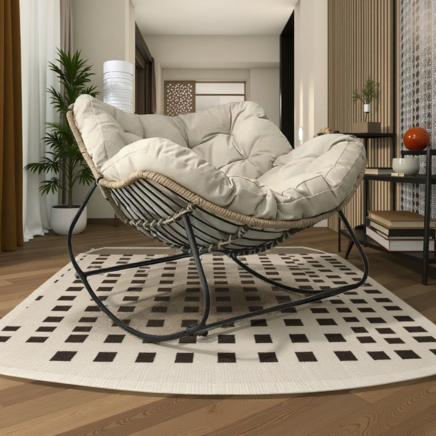 Mecedora de Hierro Forjado Vintage con Cojín Tejido a Mano, Adecuada para Todas las Estaciones, Silla Decorativa de Estilo Rústico Americano para Sala, Balcón o Patio
