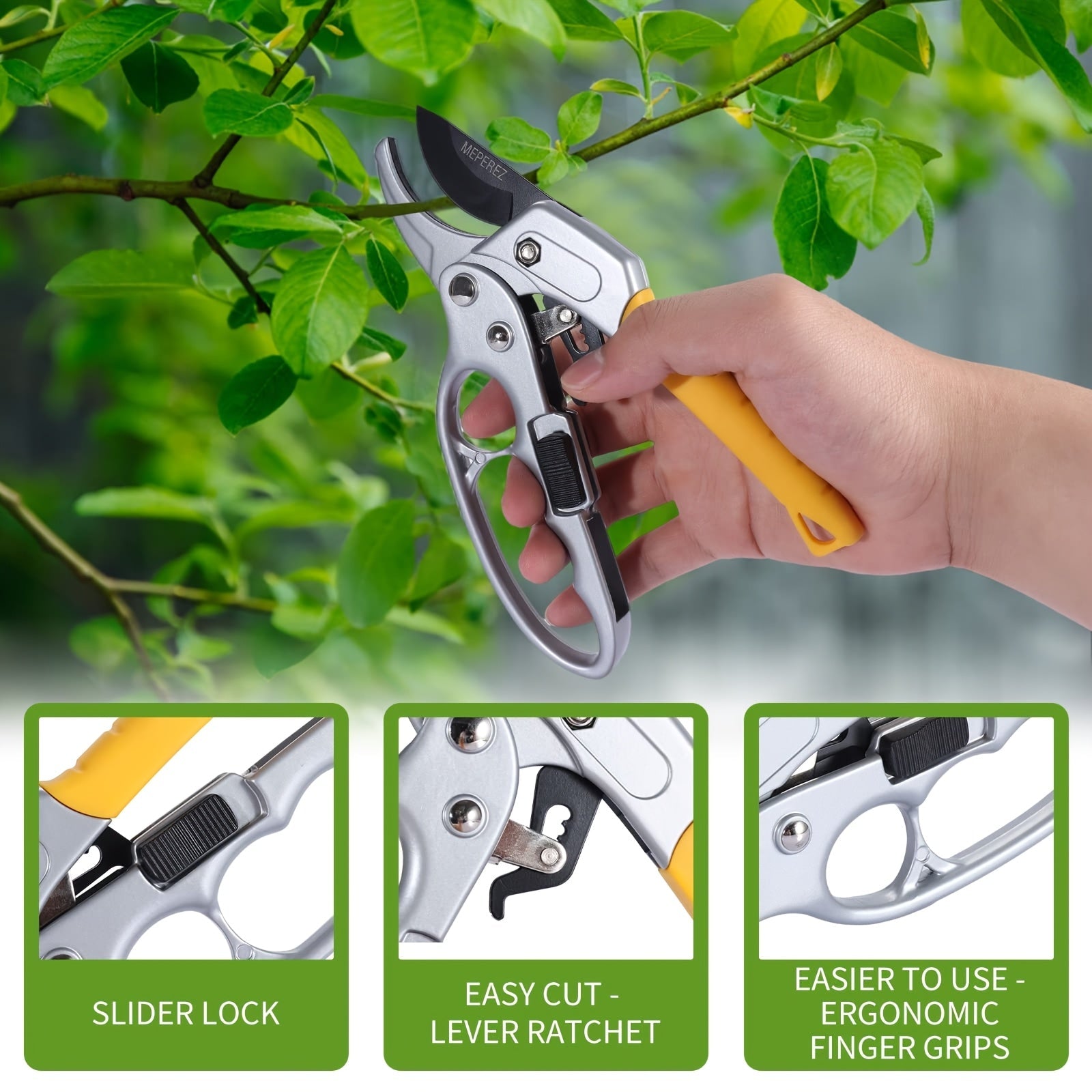 1 pieza de tijeras de poda profesionales SK5 - Tijeras de poda de acero de ratchet amarillo de alta resistencia con mango ergonómico, ideales para jardinería y árboles frutales, perfectas para Navidad, Halloween, Pascua, Hanukkah, Acción de Gracias
