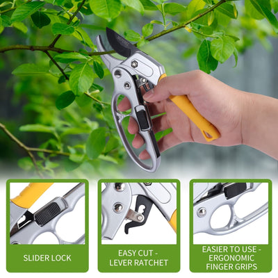 1 pieza de tijeras de poda profesionales SK5 - Tijeras de poda de acero de ratchet amarillo de alta resistencia con mango ergonómico, ideales para jardinería y árboles frutales, perfectas para Navidad, Halloween, Pascua, Hanukkah, Acción de Gracias