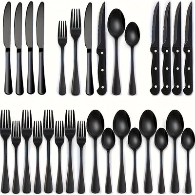 Juego de cubiertos de acero inoxidable de 24 piezas - Incluye cuchillos para bistec, tenedores, cucharas, cucharitas para postre y tenedores, apto para lavavajillas, adecuado para comidas en casa, banquetes de restaurantes, bodas y regalos, serie de cubi