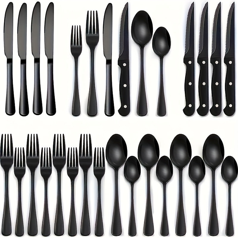 Juego de cubiertos de acero inoxidable de 24 piezas - Incluye cuchillos para bistec, tenedores, cucharas, cucharitas para postre y tenedores, apto para lavavajillas, adecuado para comidas en casa, banquetes de restaurantes, bodas y regalos, serie de cubi