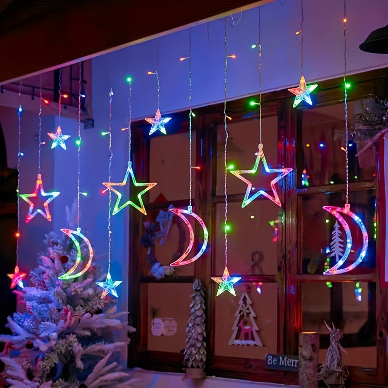 1pc Luces de Cortina Navideñas - Alimentadas por USB, Cálidas y Coloridas para Fiestas de Año Nuevo/Navidad/Halloween - Incluye Múltiples Estrellas, Lunas y Diseños Lunar - Ideales para Decoración de Dormitorios, Ventanas, Fiestas y Regalos - Con Modo Pa
