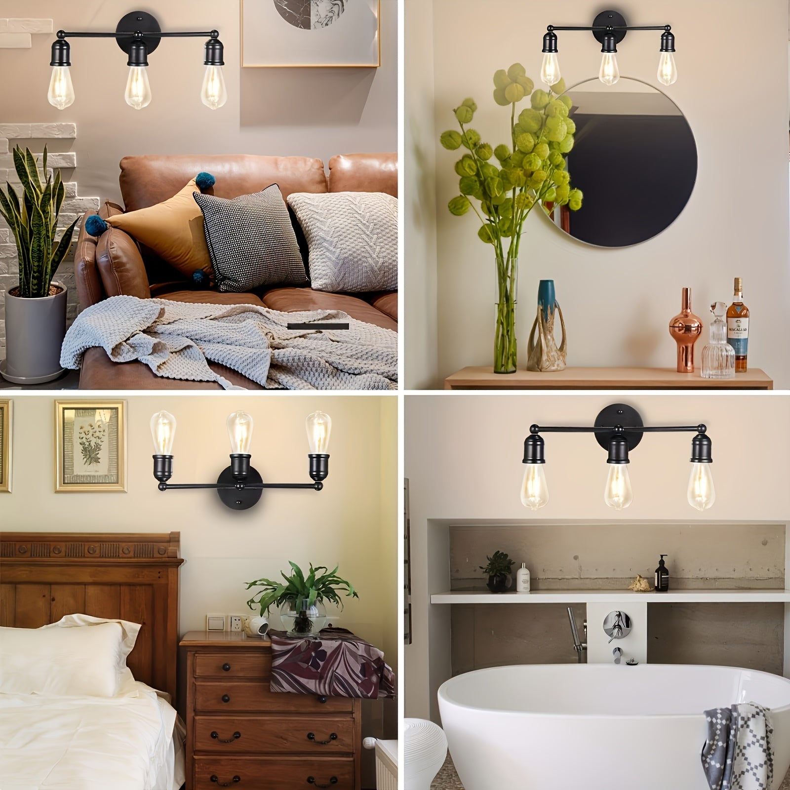 Pack de 3 Lámparas para Baño, Luz Negra para Maquillaje en el Baño, Luz de Pared Moderna para Baño, Luz de Pared Retro, Base E26/E27 para Cocina, Dormitorio, Sala de Estar, Luz de Pared para Baño (Sin Bombillas Incluidas)