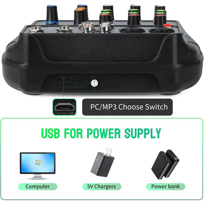 Mixer de audio portátil de 4 canales con interfaz USB - Consola de mezcla de sonido profesional mini DJ para producción de música en casa, karaoke y transmisión en vivo, mixer de audio para coche | Consola de mezcla compacta | Construcción duradera de pl