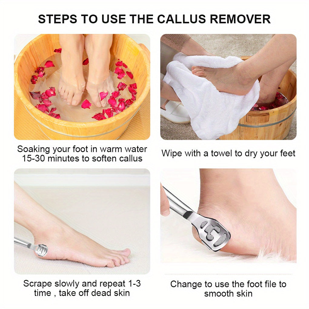 Un kit de afeitado de callos que incluye 20 cuchillas de repuesto, una navaja de callos y una lima para pies para el cuidado de los pies, todo empaquetado en una caja de metal. Es fácil de reemplazar y transportar, con bordes pulidos y mangos para comodi