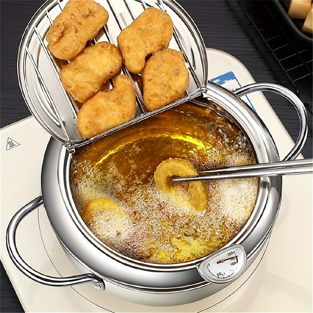 Fritadora de tempura de acero inoxidable - Opción de cocina saludable, fritadora profunda con termómetro, indicador de nivel de aceite y diseño seguro para el contacto con alimentos para huevos fritos perfectos, panqueques y más, opción de cocina saludab