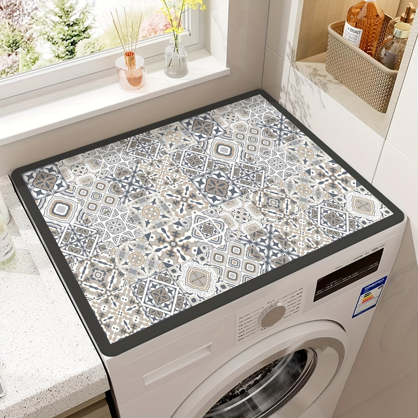 1 pieza de tapa de lavadora de mosaico vintage, duradera, hecha de diatomeas, 15,75" x 19,69", con patrón floral colorido, ideal para decorar la cocina o el cuarto de lavado, tapa decorativa de electrodoméstico|Estilo retro|Material de diatomeas