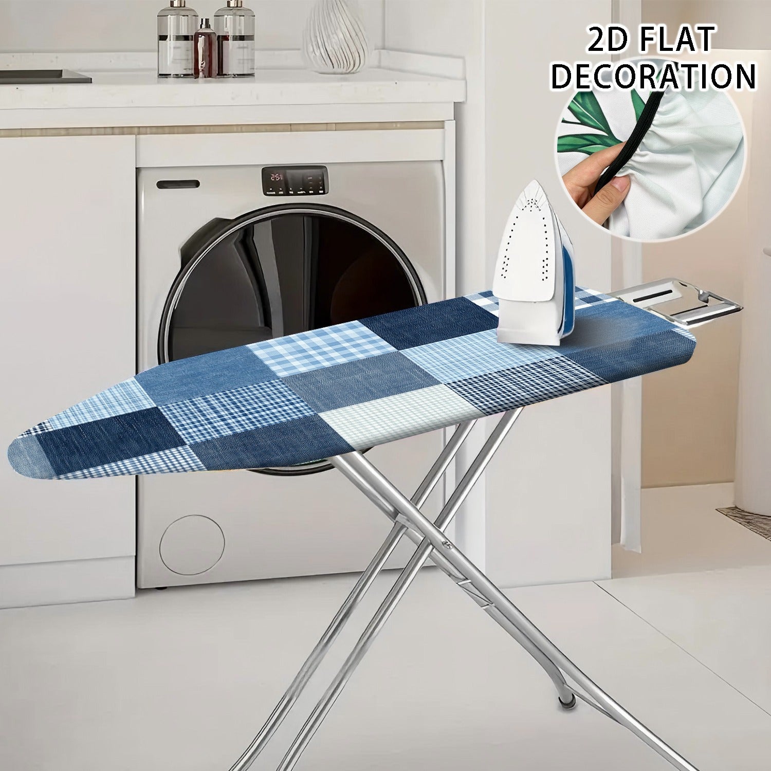 1 pieza, funda de tabla plana de planchado 2D fácil de instalar - Planchado sin arrugas, diseño de cuadros azules y blancos, tejido duradero, perfecto para uso en casa o salón.