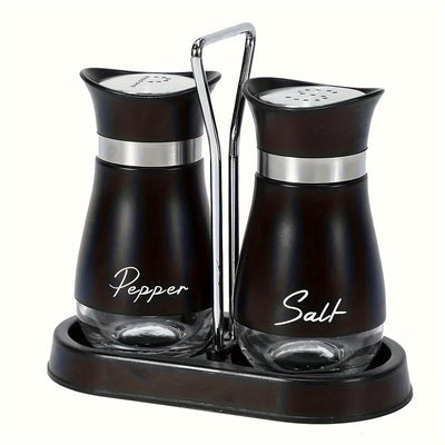 Juego de Salero y Pimentero con Soporte (1 Soporte + 2 Botellas) Salero de Acero Inoxidable con Caja de Cuero Pimentero para Utensilios de Cocina, Regalo de Inauguración de Casa, Decoración Navideña