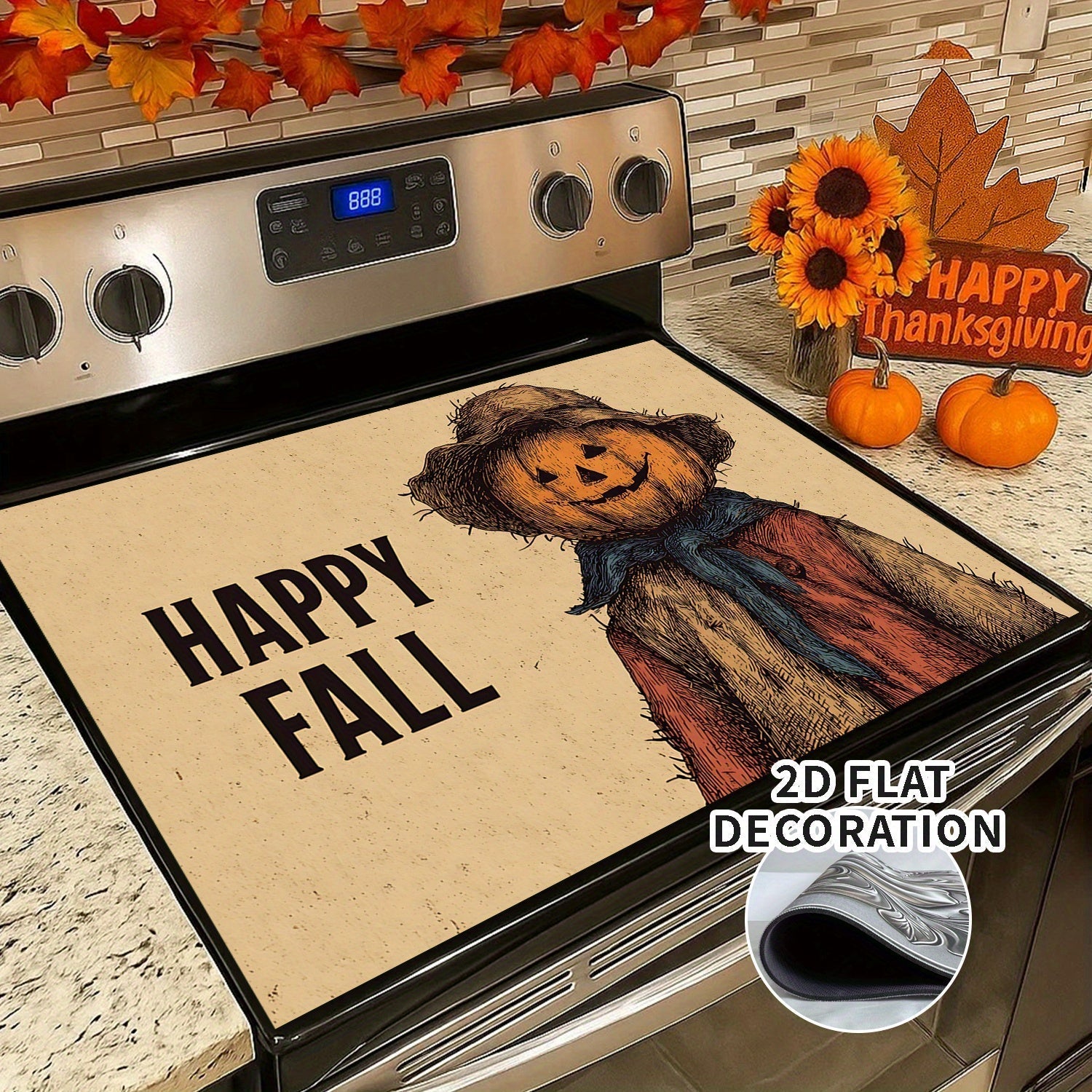 1pc Cubierta Decorativa para Estufa de Acción de Gracias con Diseño de Calabaza "FELIZ OTOÑO" - Protector Antirrayas con Forro de Goma para Quemadores de Gas/Eléctricos, Decoración de Cocina de Otoño y Cosecha para Halloween - Ajuste Perfecto sin Tapar C