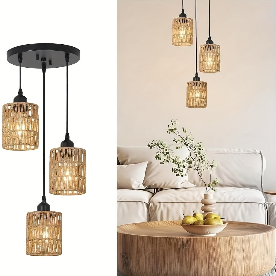 Lámpara Colgante de Ratán con 3 Luces y Pantalla Tejida a Mano - Decoración Moderna Estilo Granja para Comedor, Isla de Cocina, Sala de Estar y Dormitorio, Acabado Metálico Pulido, Montaje Semiempotrado, Luces para Isla de Cocina | Luz al Estilo Bohemio