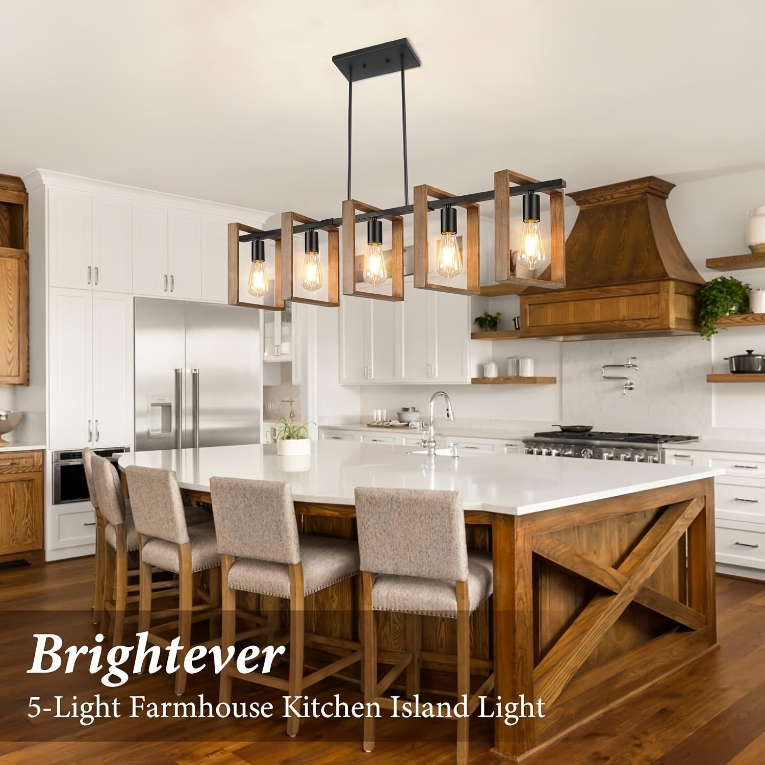 Lámpara de cocina rústica de 105.41 cm - Candil de comedor ajustable con 5 luces, acabado en madera rústica y metal negro mate, montaje semiempotrado con base E26 (focos no incluidos) para cocina, mesa de billar, comedor, iluminación de cocina | Encanto