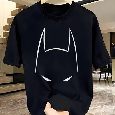 1 camiseta DC Warner para hombre con diseño de Batman, cuello redondo casual en negro con símbolo de murciélago en blanco, tela suave de poliéster, ideal para deportes, fiestas y ropa casual, regalo perfecto para fans, cómodo ajuste | Camiseta estampada