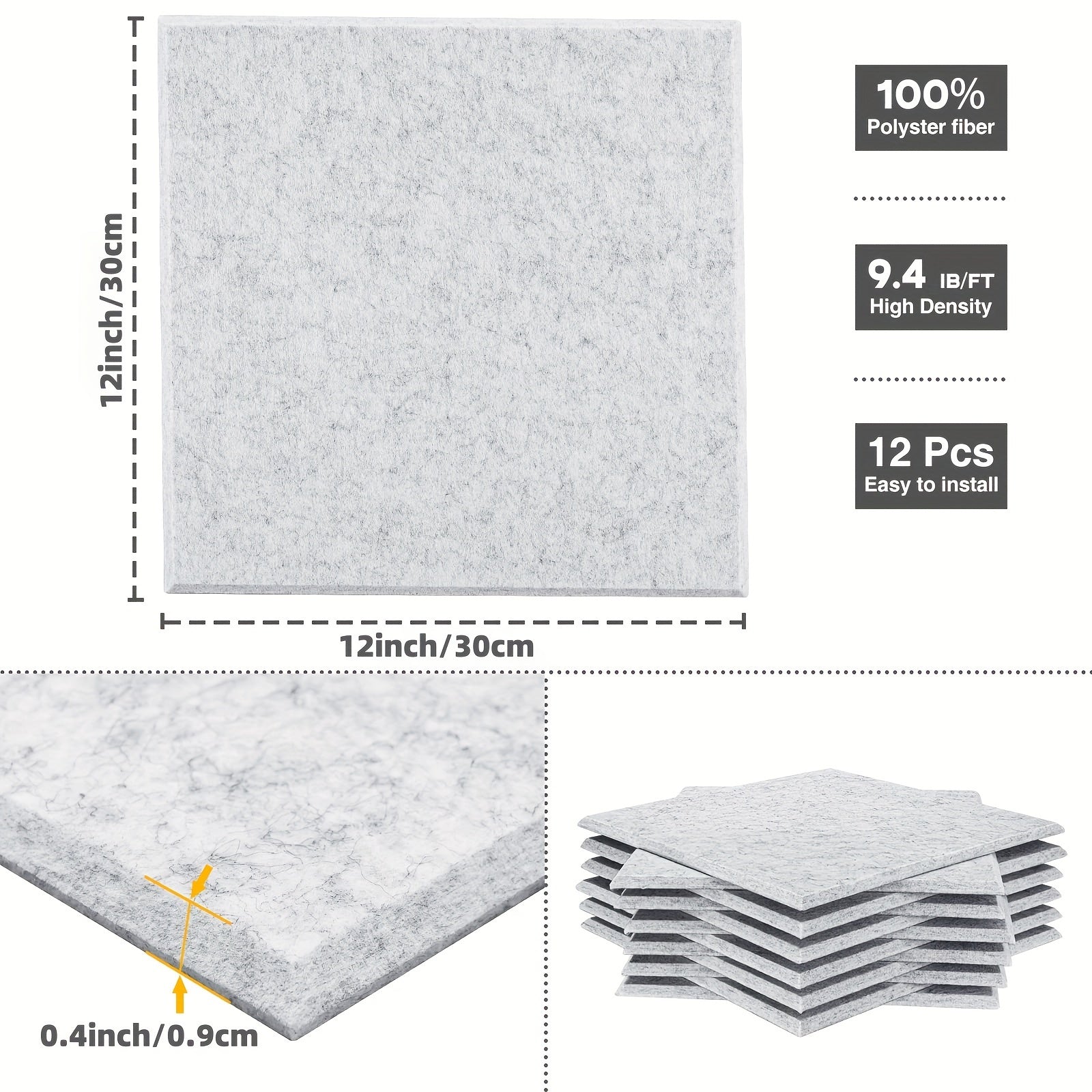 Panel acústico de alta densidad de 12 piezas autoadhesivas en gris plateado de 30*30*0.9cm, ideal para salas de reuniones, paredes y techos de oficinas, estudios de grabación, estudios vocales, salas de juegos, cines, tratamiento acústico y paneles de ai