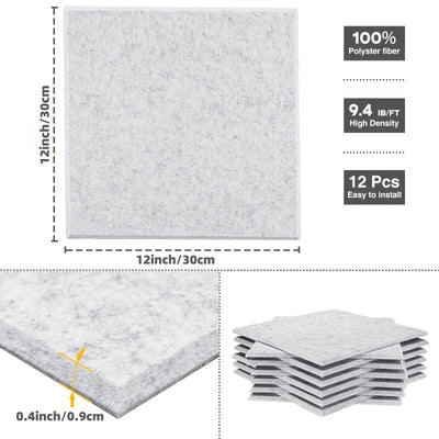 Panel acústico de alta densidad de 12 piezas autoadhesivas en gris plateado de 30*30*0.9cm, ideal para salas de reuniones, paredes y techos de oficinas, estudios de grabación, estudios vocales, salas de juegos, cines, tratamiento acústico y paneles de ai