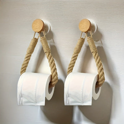 2 piezas de soporte para toallas de papel de cuerda de cáñamo, tejido en madera maciza, porta toallas sin agujeros, creativo