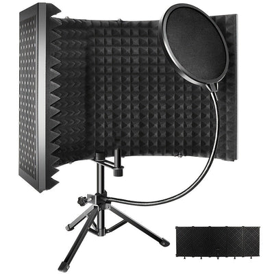 Escudo aislante para micrófono de estudio con trípode, espuma absorbente de alta densidad para filtrado vocal, escudo de sonido plegable para micrófono condensador, ideal para música, podcasts, canto y transmisiones, equipo de grabación | Diseño plegable