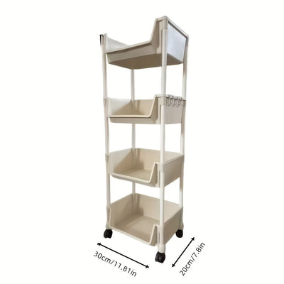 Estante de almacenamiento de plástico de 3/4/5 niveles con ruedas - Organizador versátil para sala de estar, dormitorio, residencia | Uso para todas las estaciones, sin necesidad de ensamblaje, blanco, organizador de almacenamiento de 4 niveles