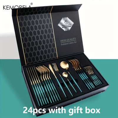 KEMORELA 24 piezas de colección de utensilios de acero inoxidable, incluyendo cuchillo, tenedor y cuchara, juego de cubiertos de cocina de primera calidad, apto para lavavajillas.