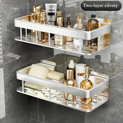 2 piezas de acero inoxidable Soportes de ducha para montar en la pared - Ahorro de espacio, organizador colgante de dos niveles para artículos de baño esenciales, resistente a la corrosión, no requiere taladro, ideal para champú, acondicionador y más, so