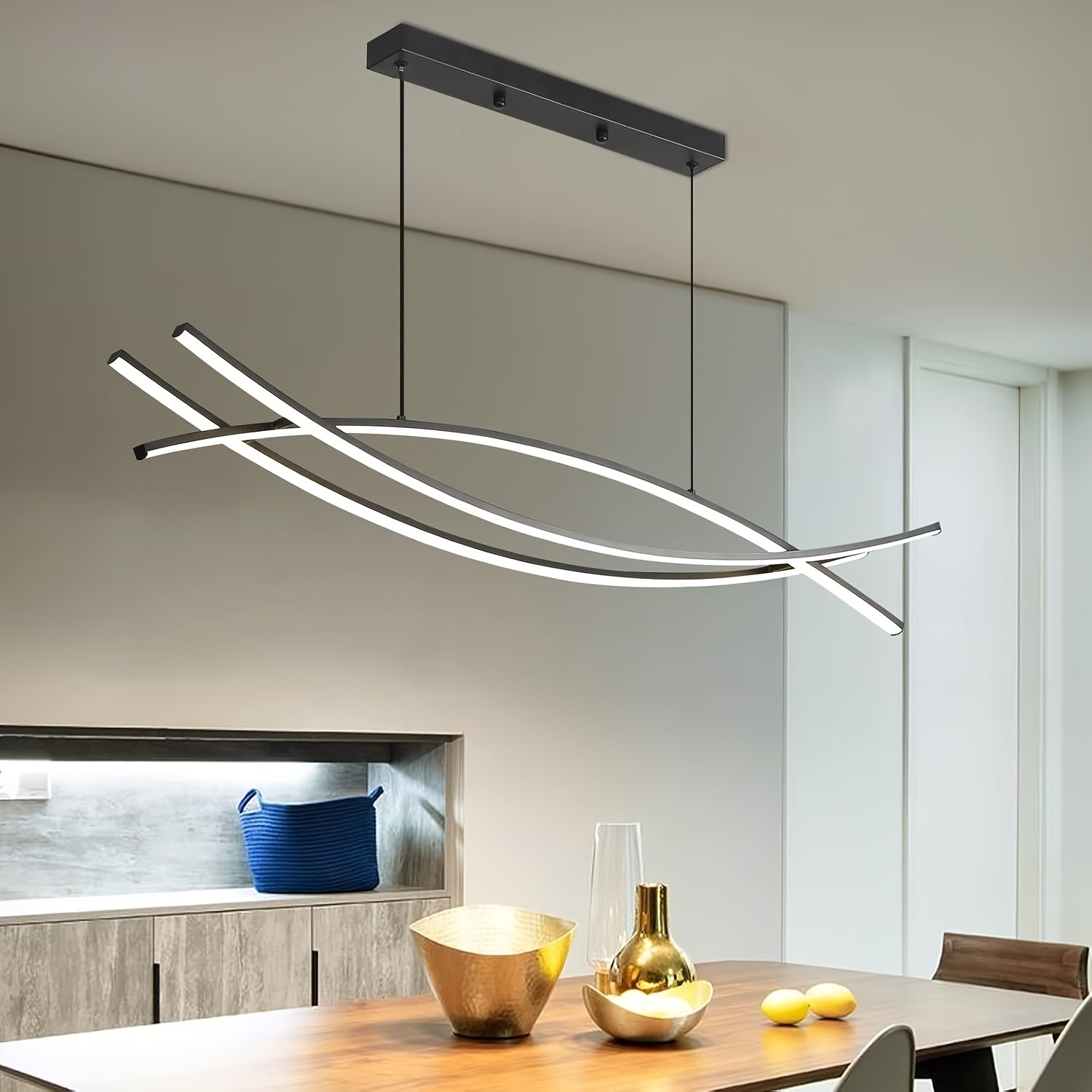Linterna Colgante Lineal, Lámpara de Techo LED Regulable, Araña Moderna Curva para Comedor
