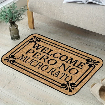 Tapete de bienvenida con diseño floral en tono café elegante, "WELCOME PERO NO MUCHO RATÓN", fibra de poliéster, solo lavado a mano, ideal para entrada de casa, decoración interior, porche y sala, accesorio hogareño elegante, texto en letra cursiva