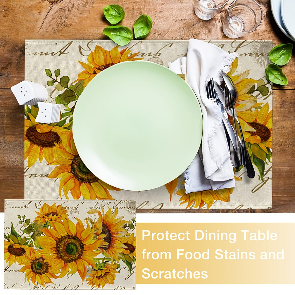 4-Unidades de Placemats de Girasol, 30.48x45.72 cm de Poliéster Rectangular Mats de Mesa, Lavable a Mano Tejido Decorativo Place Mats con Diseño de Flor de Girasol y Hojas de Eucalipto Vintage Amarillo para Decoración de Hogar y Cocina