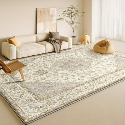 Alfombra grande de felpa aterciopelada con diseño floral y geométrico - 850 g/m², antideslizante, lavable a máquina, mezcla de poliéster - diseño en beige claro y crema para sala, dormitorio, oficina - alfombra decorativa liviana, decoración para sala de
