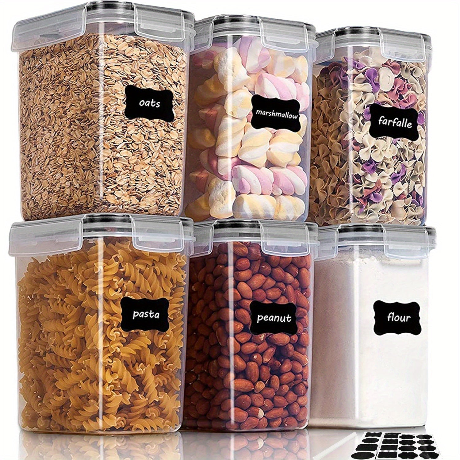 Juego de 6 contenedores de almacenamiento de alimentos herméticos, plástico libre de BPA, 54oz/1.5qt/1.6L, organizadores de cocina multifuncionales para azúcar, harina, pasta, maní, seguros para lavavajillas, incluye etiquetas y marcador