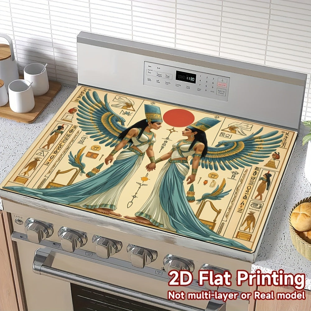 1 pieza, impresión plana 2D, protector de superficie superior de horno plano, diseño de otoño, figuras egipcias antiguas de pie, 100% poliéster, adecuado para decoración de cocina de estufa, lavadora, secadora, protector de vidrio duradero, protector de