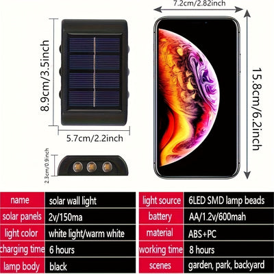 Lámparas solares para exterior con 6 LED, paquete de 2 piezas. Incluye 6 luces LED, 2 modos de iluminación, sin necesidad de carga, fácil instalación y no daña la pared