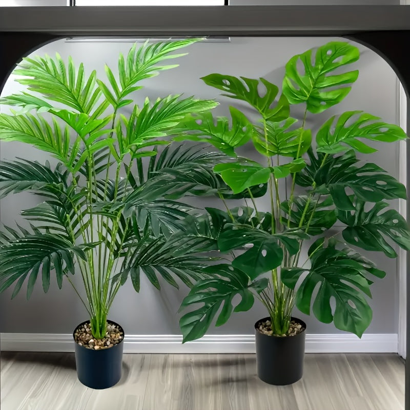 2 palmeras artificiales grandes con 24 hojas realistas cada una - Decoración de plástico resistente a los rayos UV para interiores y exteriores, hogar, oficina, hotel, fiestas - No necesita maceta, sin mantenimiento, decoración con palmeras