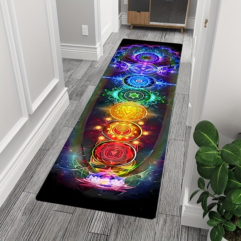 1 alfombra de chakras con diseño de 7 centros de energía, antideslizante, lavable a máquina, 1.1 cm de grosor, de poliéster, para uso en interiores/exteriores en cocina, dormitorio, entrada - Ideal para meditación, yoga y decoración navideña (negro), alf