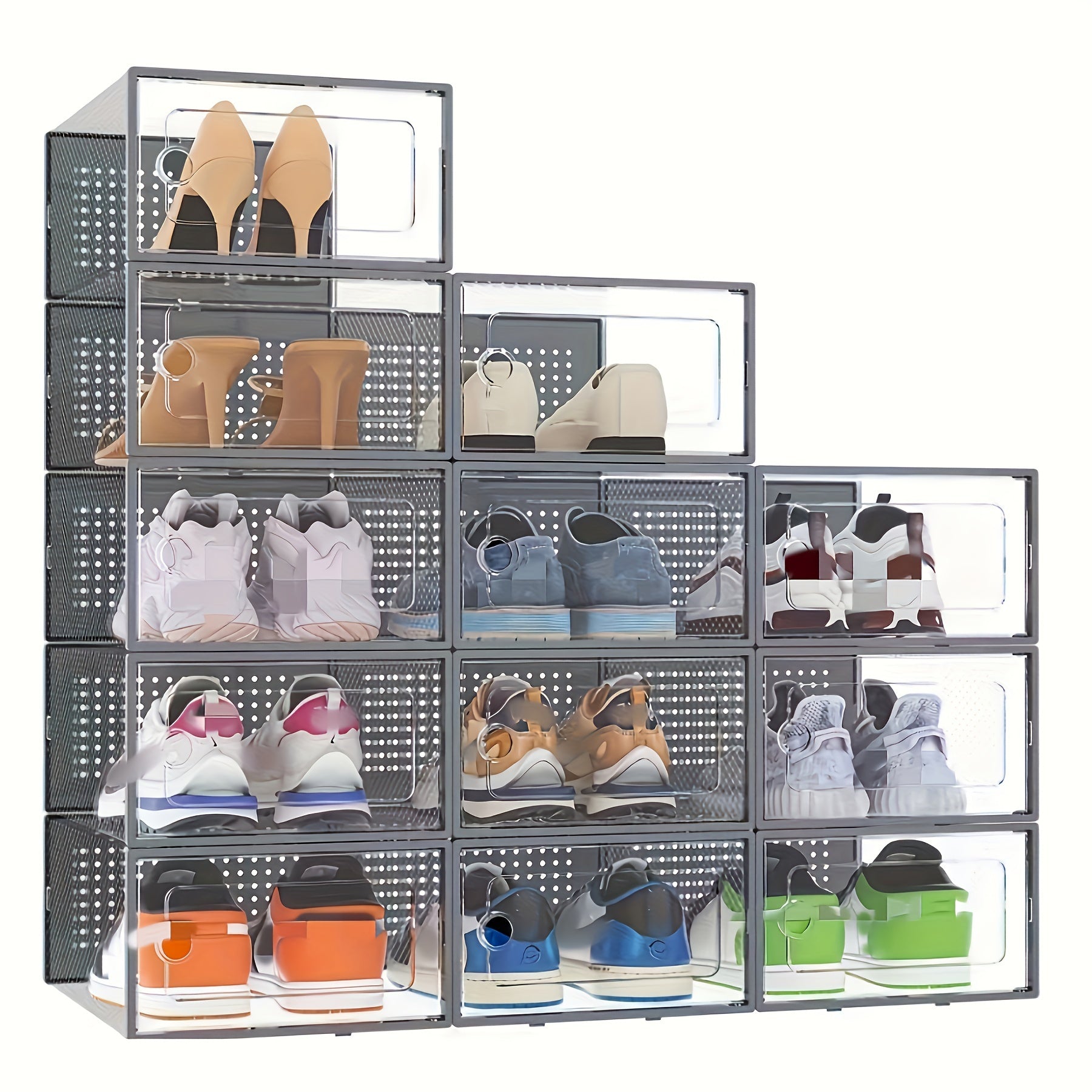 12/6 Piezas, Cajas De Almacenamiento De Zapatos, Plástico De Color Negro Transparente XL, Gabinetes De Organizador De Zapatos Cuadrados Con Tapas, Impermeables, Multi-Propósito, Diseño De Tapa Abatible, Cajones De Almacenamiento De Hogar Y Cocina