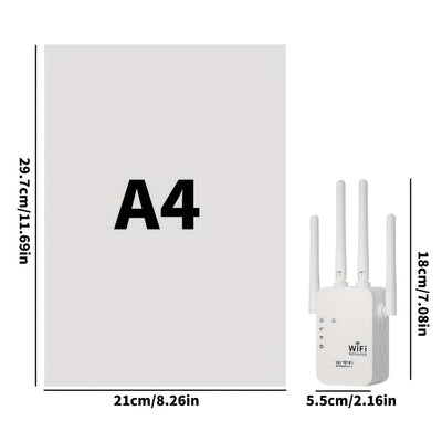 Momotor Extensor WiFi, Amplificador de Señal WiFi 2.4GHz (8500 pies cuadrados), Cobertura Fuerte y Penetración Profunda, Compatible con 35 Dispositivos, 4 Modos, Configuración Rápida, 4 Antenas 360°, Puerto Ethernet Incluido, Ideal para Hogar, Oficina, C