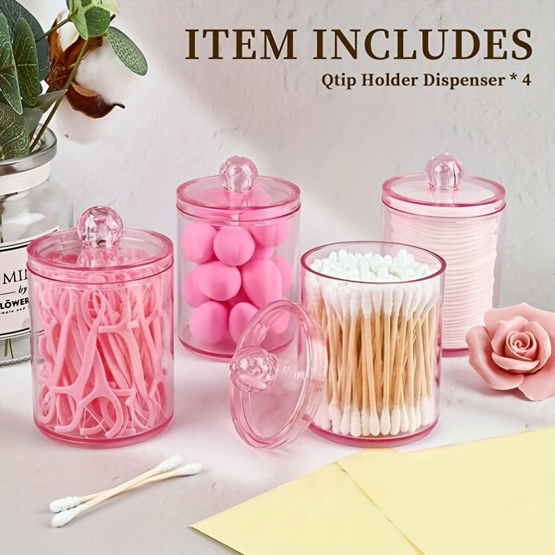 4 Paquetes de Portaqtips de Plástico Rosa Dispensador de 10Oz con Tapas, Frascos de Aromaterapia Contemporáneos con Vista al Ventana, Organizador de Maquillaje de Tocador de Baño para Bolas, Hisopos, Almacenamiento de Hilo Dental, Contenedores de Almacen