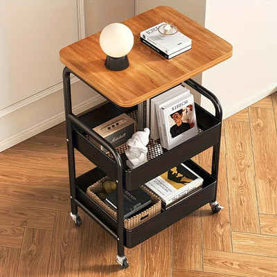 Carro de almacenamiento de 3 niveles con parte superior de madera – Organizador de metal versátil para cocina, dormitorio, oficina y más – Negro con ruedas blancas, Organizador de oficina | Carro de almacenamiento elegante | Estante con parte superior de