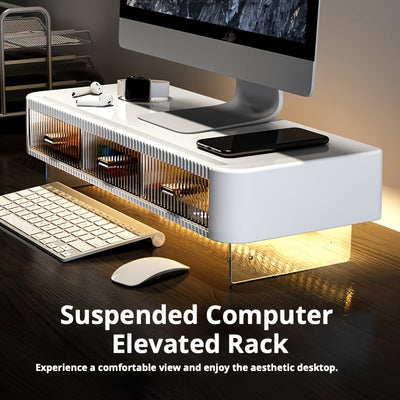 2 Escenarios Disponibles Soporte de Monitor de Acrylic Transparente con Doble Cajón, Organizador de Escritorio Ajustable, Soporte de Monitor Multifuncional para Oficina en Casa, con Espacio de Almacenamiento, Alta Practicidad