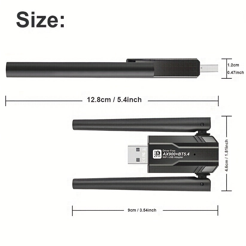 Adaptador de red USB 2 en 1 Wi-Fi 6 BT5.4 para ordenadores portátiles, adaptador de red WiFi AX900Mbps de 5dBi mejorado, cifrado de red inalámbrica de doble banda 2,4G/5GHz, sin controlador, alimentado por USB, diseño compacto, para Windows 11 10 ordenad